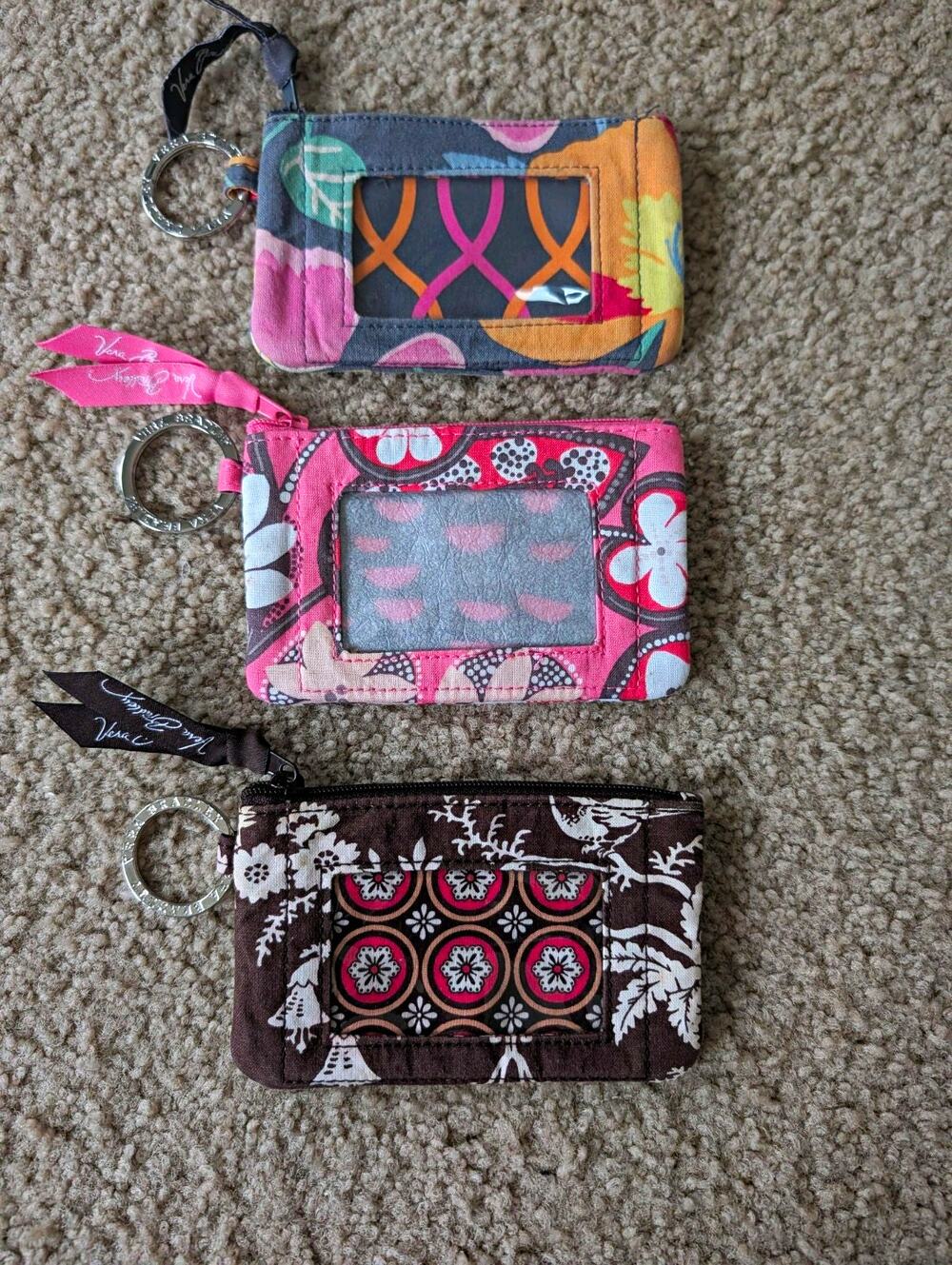 Set Of 3 Vera Bradley Floral Multicolor Fabric Zip Coin Purse Key Chain Keyring